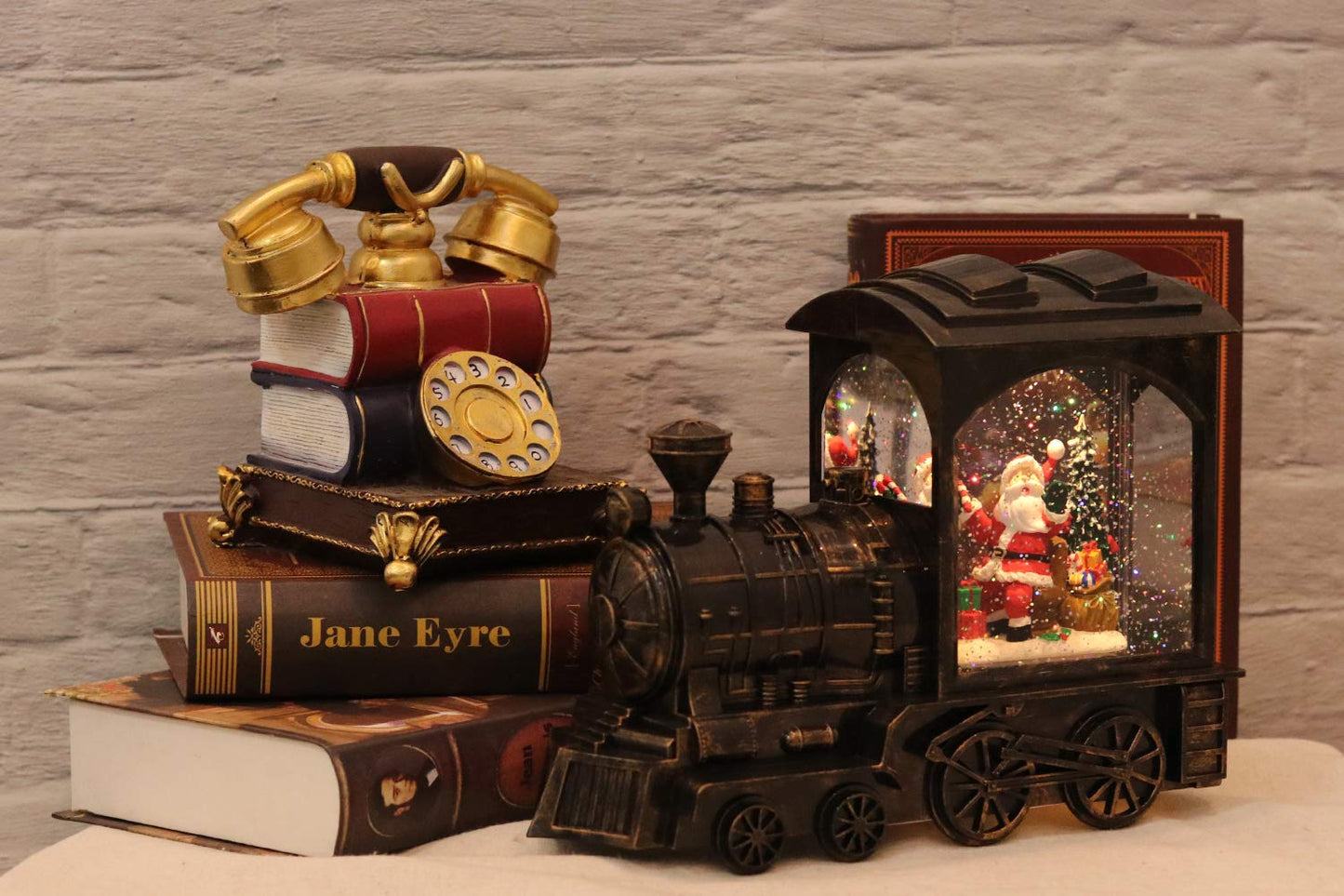 GenSwin Music Lighted Train Snow Globe Lantern Water Snowing Glittering Battery Operated with Timer, Christmas Santa Claus Musical Lighted Home Decoration and Gift(Copper)