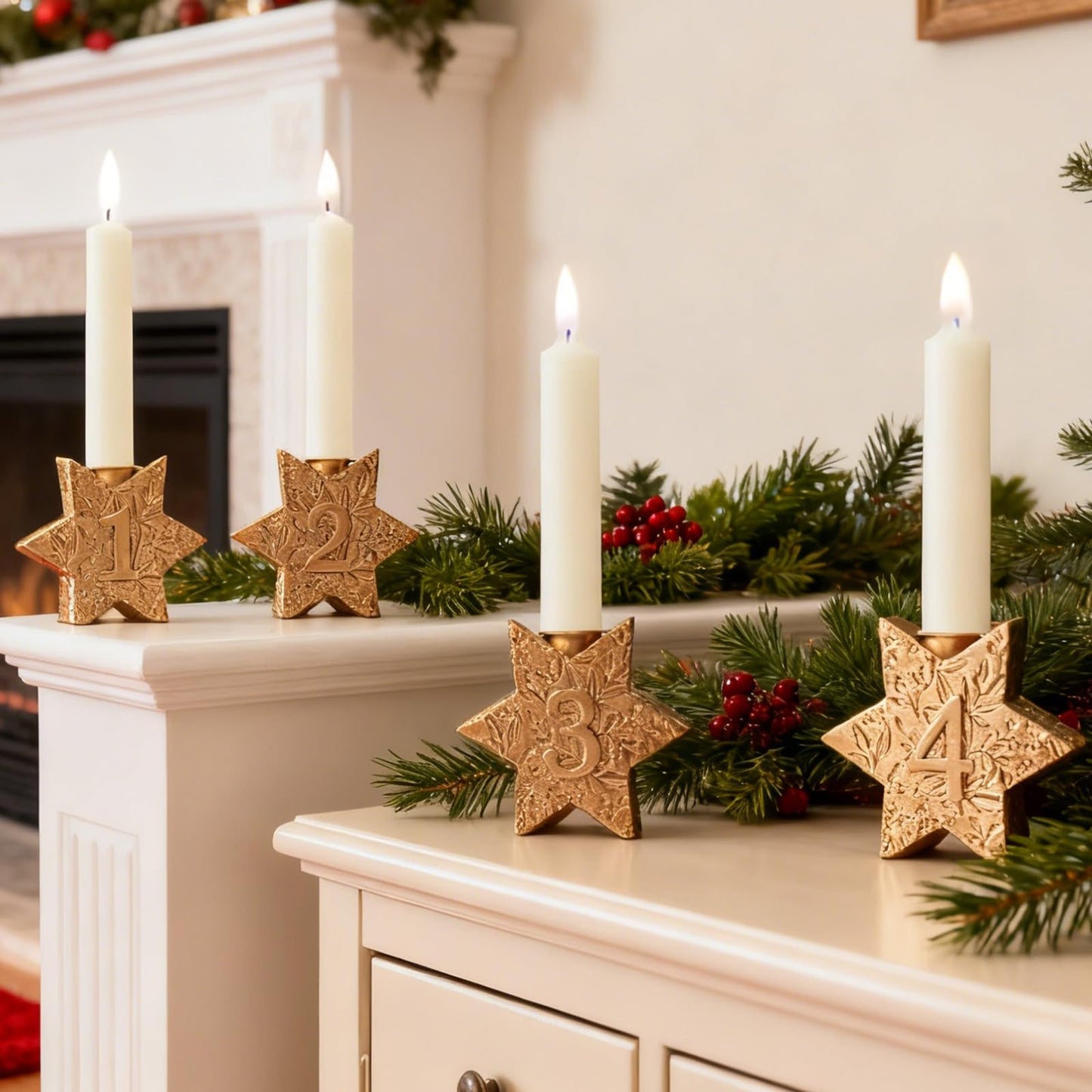 WDS WONDROUS Christmas Candle Holders Snowflake – Set of 4 Gold Star Candlestick Holder Hexagon, Taper Candle Holders for Christmas Table Centerpieces, Xmas Home Decor