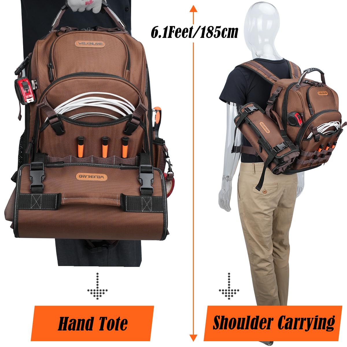 WELKINLAND 70Pockets HVAC Tool Backpack With Tool Roll, 4-Piece Electrical Backpack With Tools Roll Bags, Hard Bottom Electrician Back Pack, Tools Back Pack For Men Heavy Duty