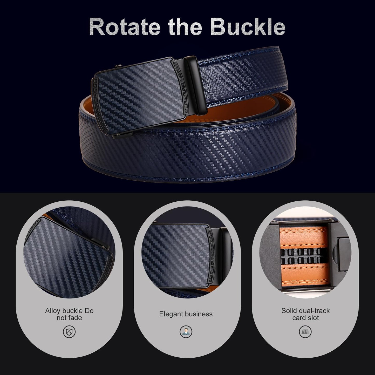 Fiwnieu Men's Ratchet Belt with No-Hole Slide Buckle - Easy Size Adjustment Genuine Leather Belt for Men, Dress & Casual Comfort (Choose Size)