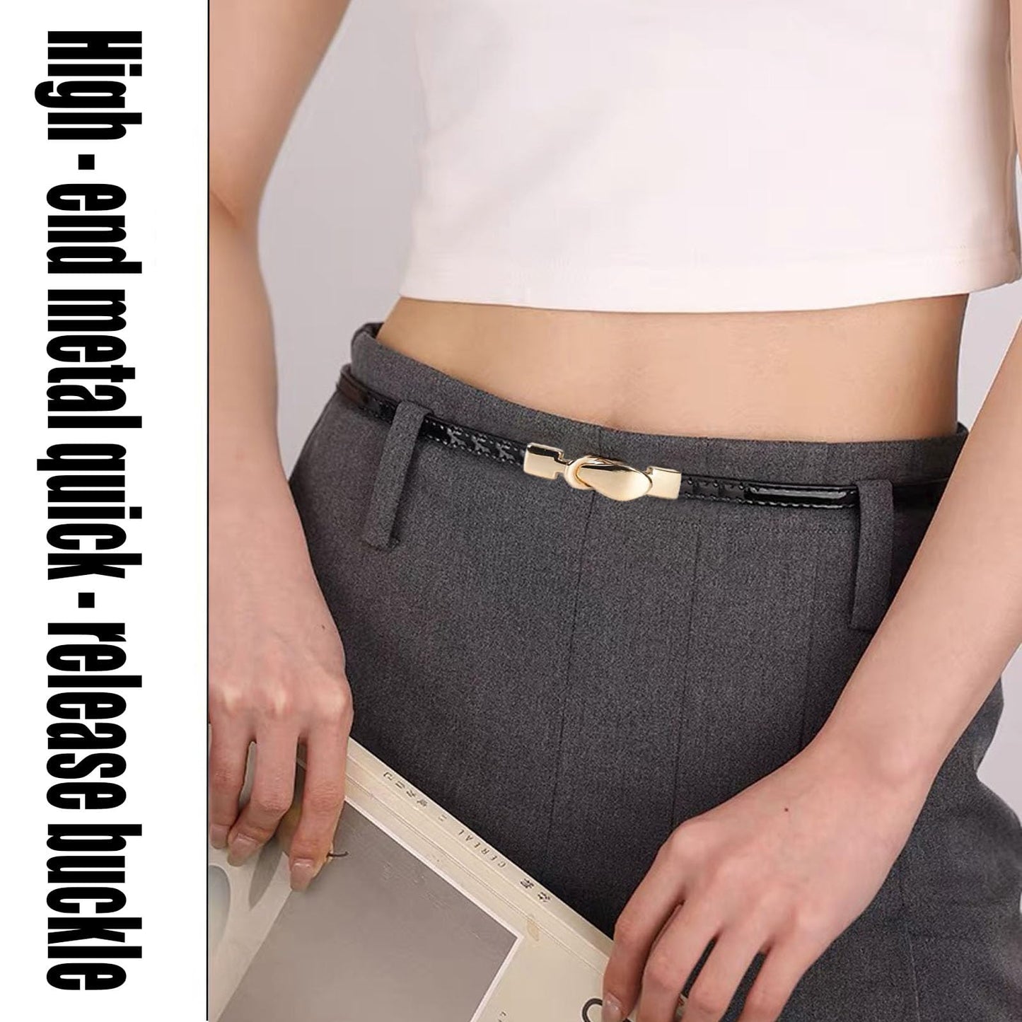 ORUIVO Stylish Skinny Cowhide Split Leather Belt - Shiny Patent Leather with Gold Metal Buckle & Adjustable Fit (black, one size, Square buckle)