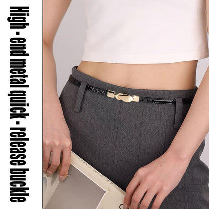 ORUIVO Stylish Skinny Cowhide Split Leather Belt - Shiny Patent Leather with Gold Metal Buckle & Adjustable Fit (black, one size, Square buckle)