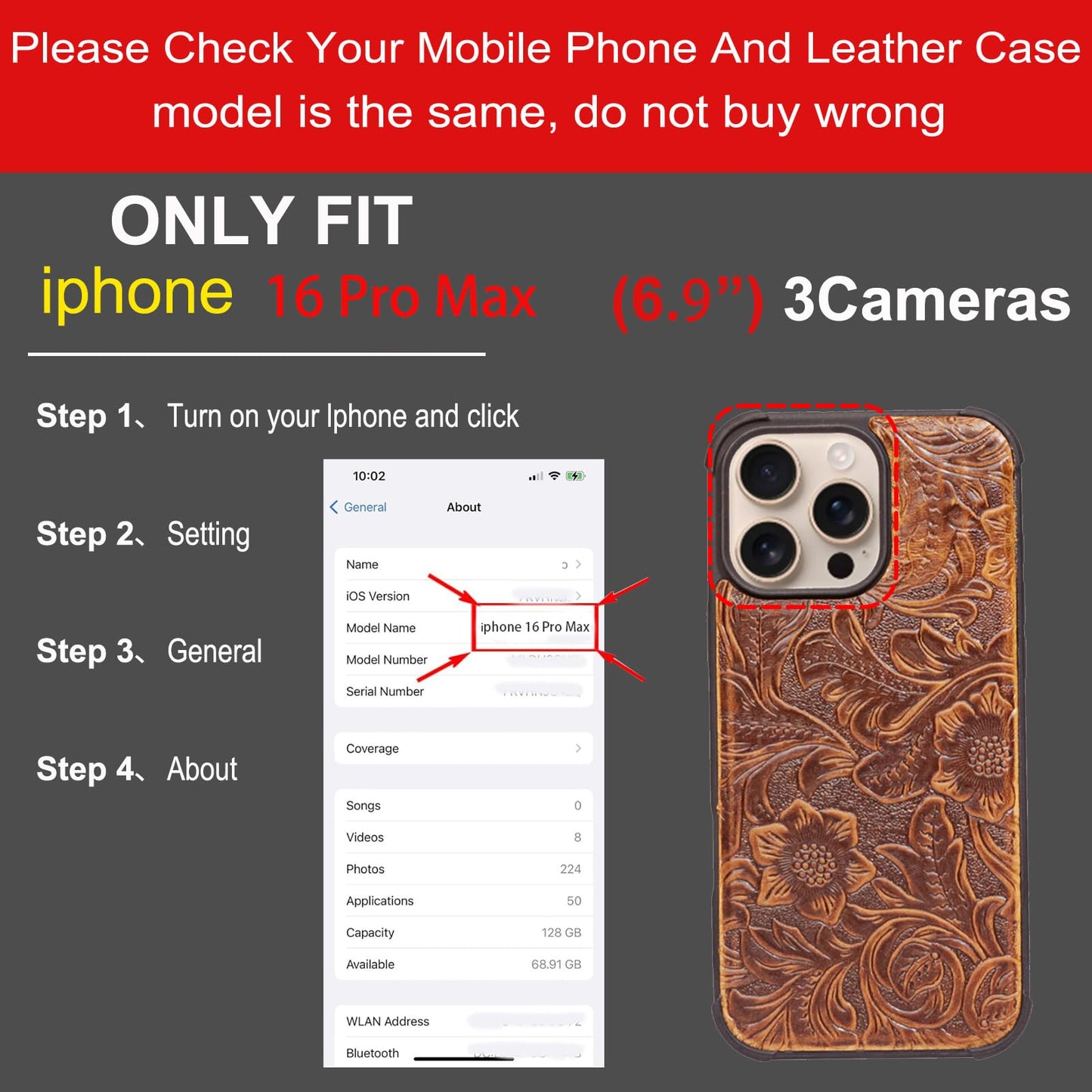 RMAWRAD Leather Case Compatible with iPhone 16 Pro Max Wallet 6.9",Genuine Leather 2in1 Magnetic Detachable Shockproof Kickstand,Flip Folio Cover with Card Slot,Wireless Charging RFID Blocking Brown