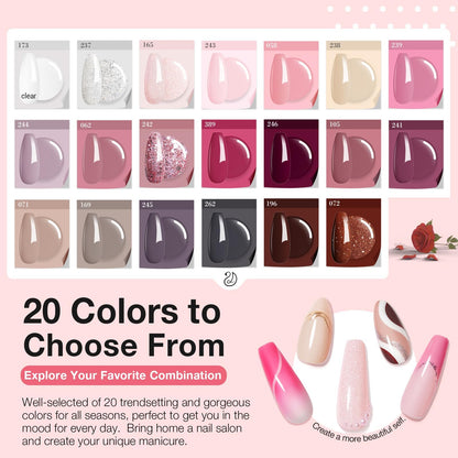 AZUREBEAUTY 31 Pcs Dip Powder Nail Kit 20 Colors Glitter Nude Brown Pink White Gray Dip Powder Liquid Set with Top/Base Coat Activator for French Nails Art Manicure DIY Salon Women Valentine's Gift