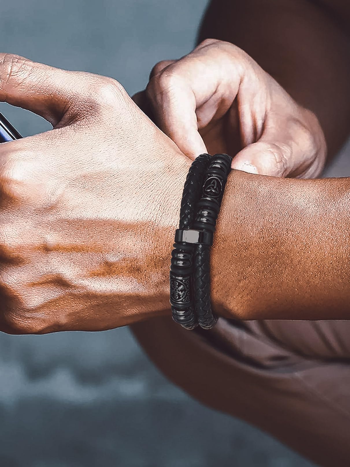 Bandmax Black Leather Viking Nordic Bracelet for Men 8.26 Inch Celtic Knot Beaded Wristband Bracelets Norse Style Men's Wrist Jewelry Gift for Son Husband Father Christmas Birthday Father's Day