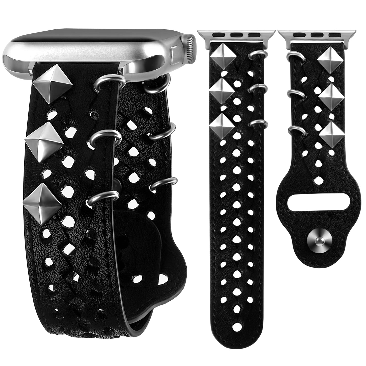 VIQIV Leather Band Compatible with Apple Watch Ultra Band 44mm 45mm 49mm 42mm for Women Men, Hollow-out Woven Rivets Bracelet Designer Wristbands Smartwatch Strap for iWatch Series SE 8 7 6 5 4 3 2