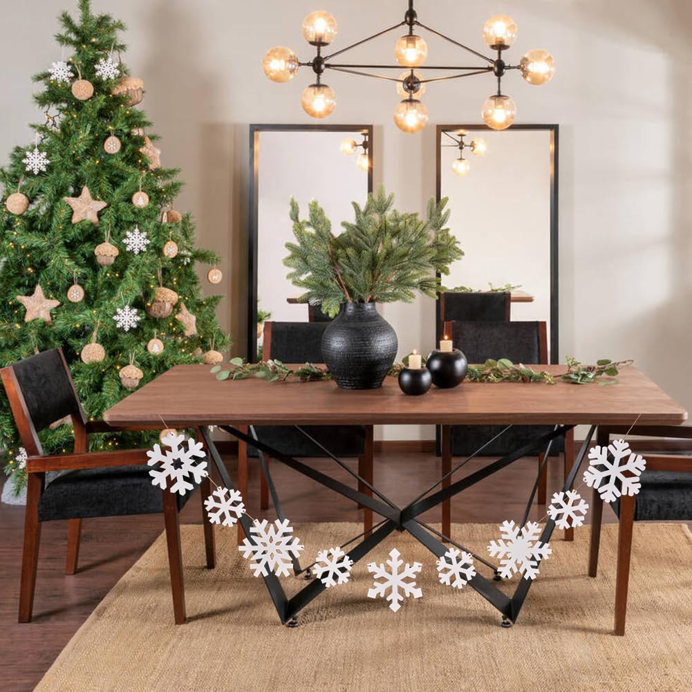 Wooden Christmas Snowflakes Ornaments, 9PCs White Snowflake Chain Hanging Ornament for Mantlepiece Window Front Door, Rustic Snowflake Embellishments Christmas Tree Decorations (white)