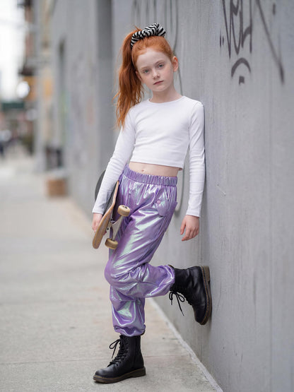 Stelle Girls Metallic Cargo Pants Shiny Hip Hop Dance Joggers Sparkly Stretchy Wide Leg Street Pants for Kids,Iridescent Purple,8-9 Years