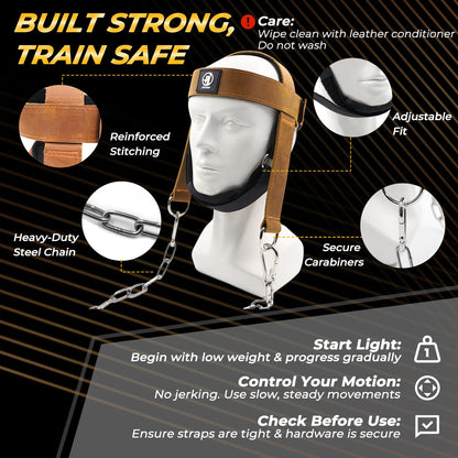 Leather Neck Harness for Weight Lifting – Adjustable Head Strap with Heavy-Duty Steel Chain & Microfiber Padding – Neck Exerciser for Bodybuilding, Boxers & Gym Workout (Brown)