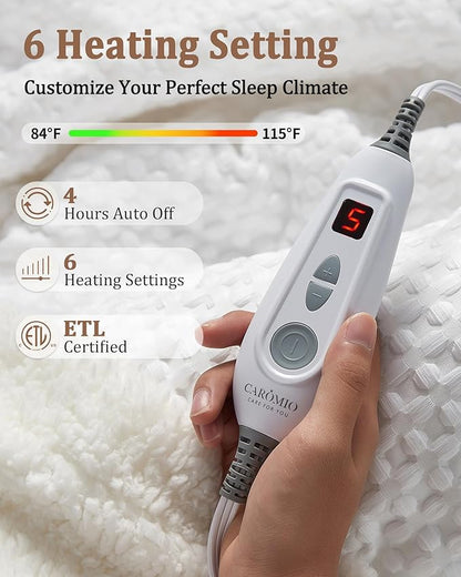 CAROMIO Heated Blanket Throw, Waffle Weave Electric Throw Blanket Fast Heating with LCD Controller, 6 Heat Levels & 4 Hour Auto Shut Off, ETL Certified, Machine Washable, Off White, 50" x 60"