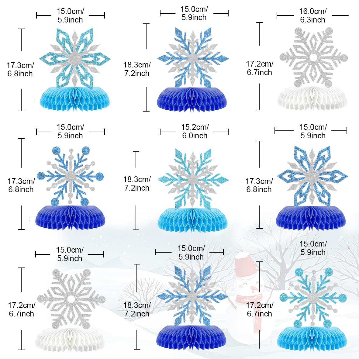 9Pcs Winter Wonderland Decorations 3D Snowflake Honeycomb Table Centerpieces for Frozen Winter Blue White Theme Christmas Baby Shower Birthday Party Supplies (Snowflake)