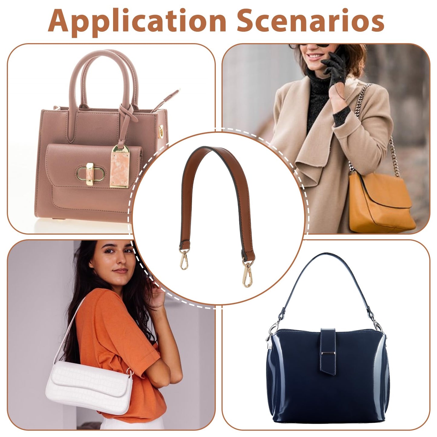 Prasacco Brown Leather Purse Strap Handle 19 Inch Bag Strap Replacement with Swivel Clasps, Short Style, Short Style, Please Confirm the Size Information