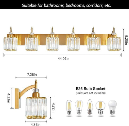 Crystal Vanity Lights - Gold 6 Light Modern Bathroom Vanity Light Fixtures Over Mirror