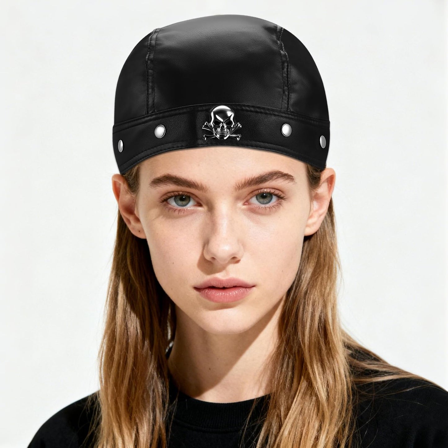 EYEOO Biker Cap Leather Head Wraps for Women Black Bandana Skull Cap Adjustable Motorcycle Biker Black Leather Bandana Motorcycle Accessories for Women Stylish Biker Head Wrap Doo Rag