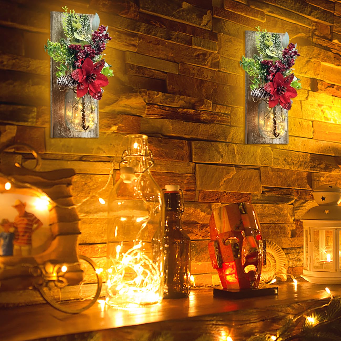 Mason Jars Sconce Decor Rustic Wall Sconces Handmade Wall Art Hanging Design with Remote Control LED Fairy Lights and Red Berry, Xmas Farmhouse Wall Home Decor Living Room Lights Set of Two
