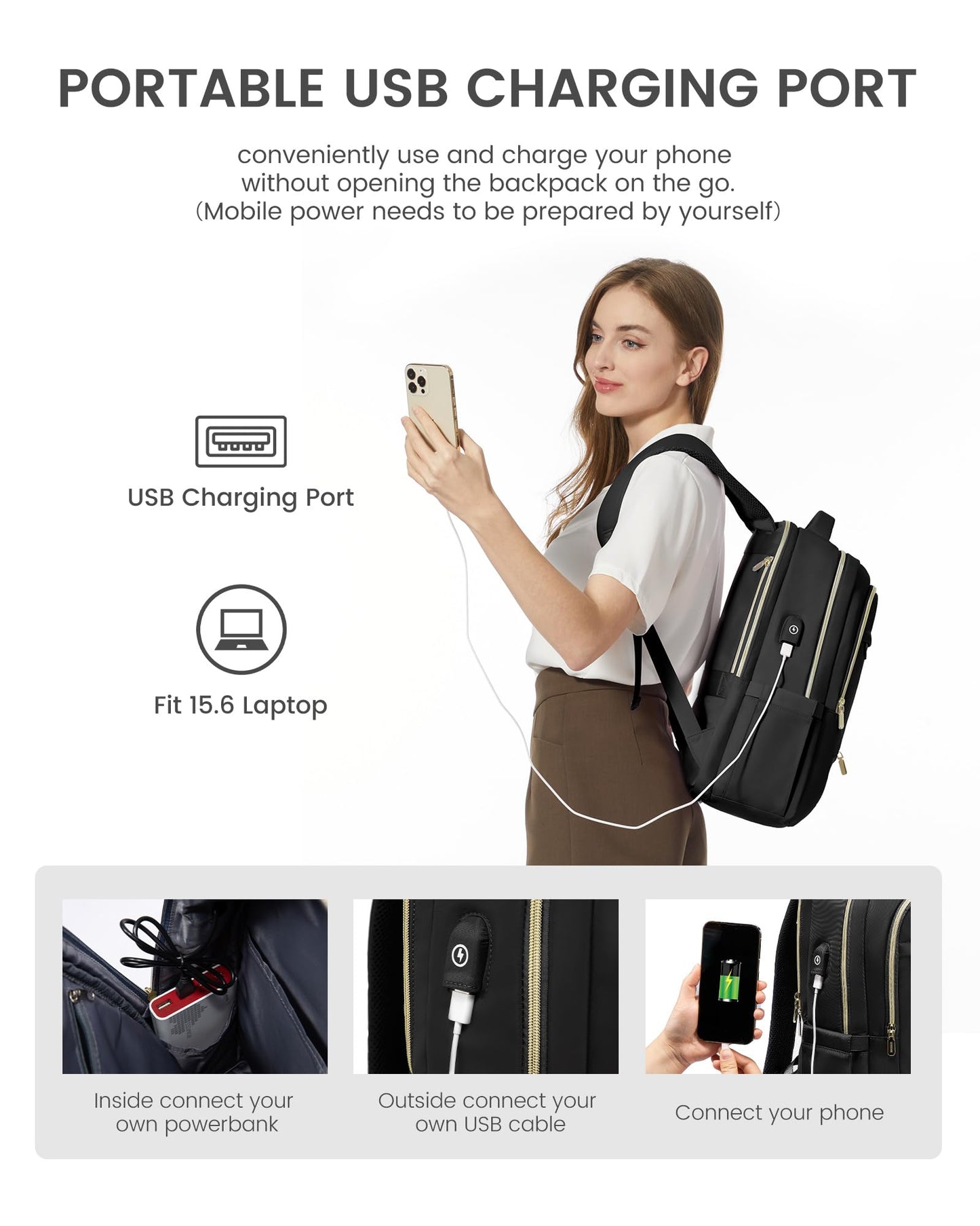 LOVEVOOK Laptop Backpack for Women, Black Business Travel Backpacks with USB Port, Water Resistant Work Teacher Computer Bag, Stylish Daypack, Fits 15.6" Laptop