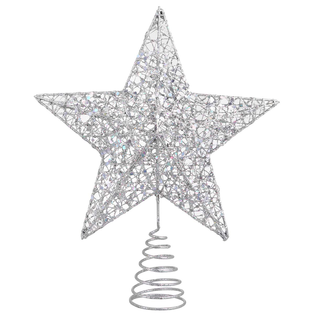 Christmas Tree Star Topper Lights,Xmas Tree Glittered Tree-top with Led Party Home Decor,Silver (Silver 1)