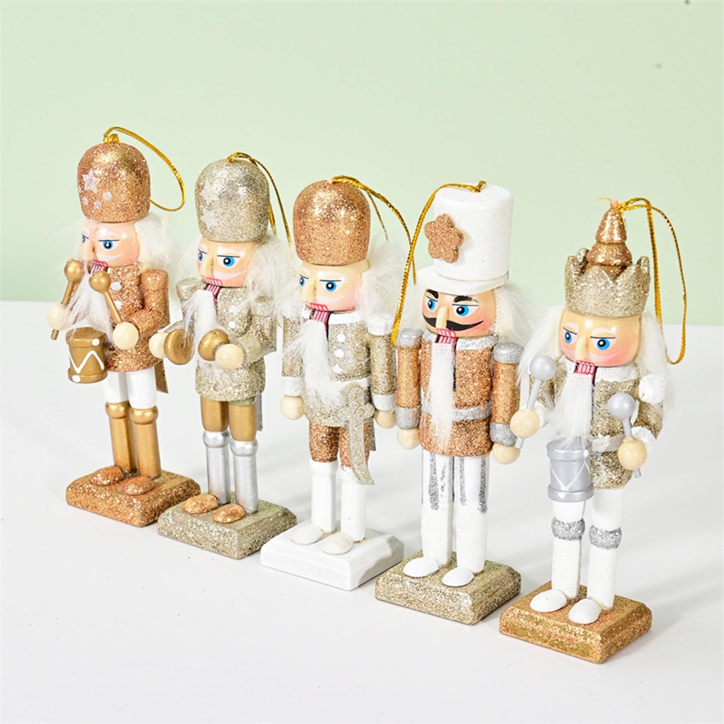 Christmas Nutcracker Ornaments Set, Wooden Christmas Nutcracker Soldier Figures Decorative Collectible Nutcracker 5 Inch Mini Nutcracker Figurines Christmas Tree Hanging Decorations, 5pcs Bling Gold