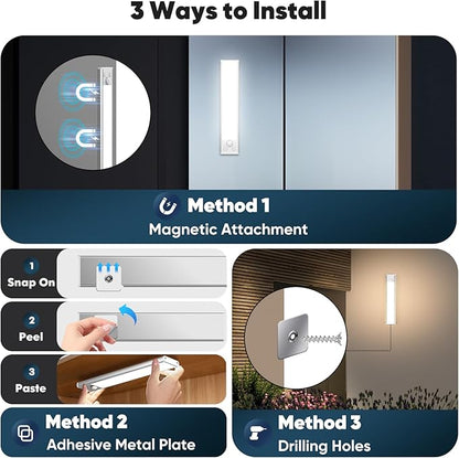 Under Cabinet Lights, 68-LED Rechargeable Battery Operated Motion Sensor Lights Indoor, 1800mAh Magnetic Dimmable Closet Lights, 3 Color Wireless Under Counter Night Lights for Kitchen Stair, 3 Packs