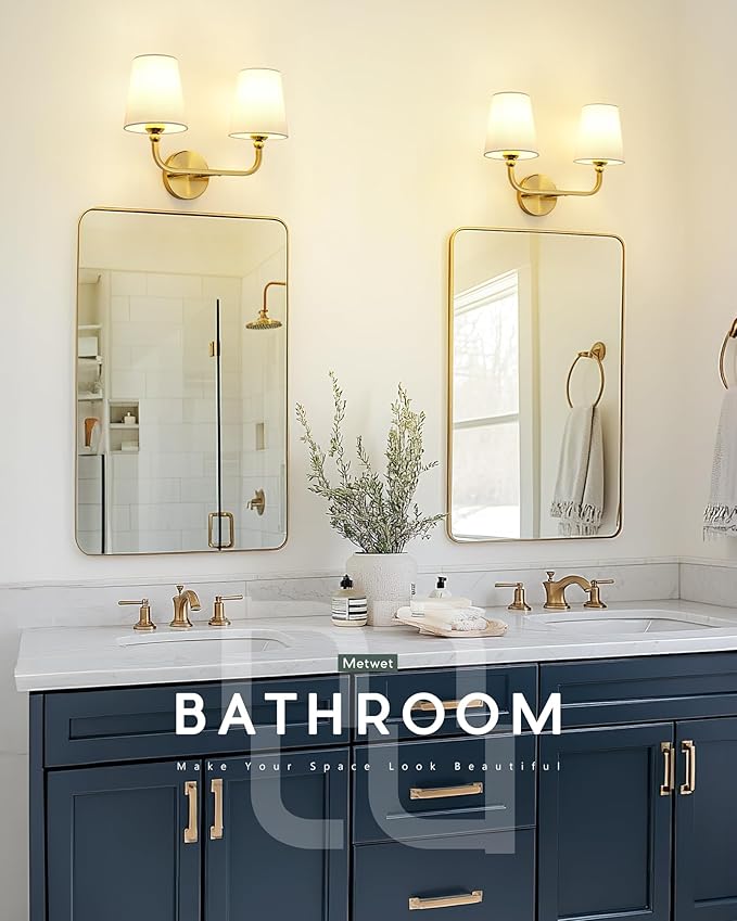 2-Light Bathroom Light Fixtures, Brushed Gold Vanity Lights, Double Wall Sconce with Flared White Fabric Shade, Modern Sconces Wall Lighting for Hallway Bedroom Stairway, VL837-BG-2-S