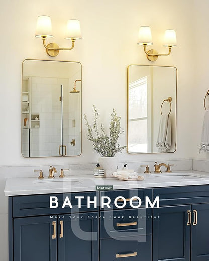 2-Light Bathroom Light Fixtures, Brushed Gold Vanity Lights, Double Wall Sconce with Flared White Fabric Shade, Modern Sconces Wall Lighting for Hallway Bedroom Stairway, VL837-BG-2-S