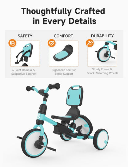 besrey 5-in-1 Toddler Tricycle with Push Handle, Grow with Me Kids Trike for 1-3 Years, Balance Bike & Tricycle, Adjustable Parent Steering, Safety Seat with Backrest