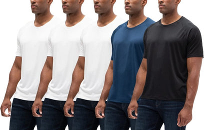 DEVOPS 5 Pack Men's Active Quick Dry t Shirts Athletic Running Gym Workout Short Sleeve Tee Tops Bulk (White/White/White/Navy/Black, Large)