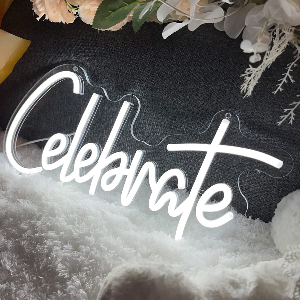 Neon Sign The Celebrate for Wall Decor Custom Light Up Sign Indoor Bedroom Home Decor LED Neon Light Sign Large Backdrop Flex Birthday Wedding Christmas Living Room Business Gift,White 40×18.7 CM