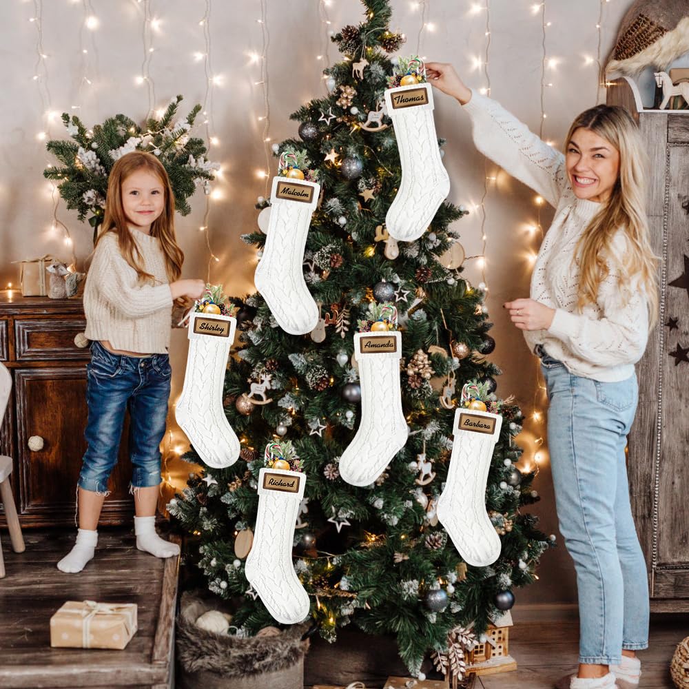 XOYTN 6 Pack Christmas Stockings, 18inch Large White Cable Knitted Stocking Personalized Xmas Hanging Stocking with Leather Patches Custom Name for Christmas Holiday Party Decoration