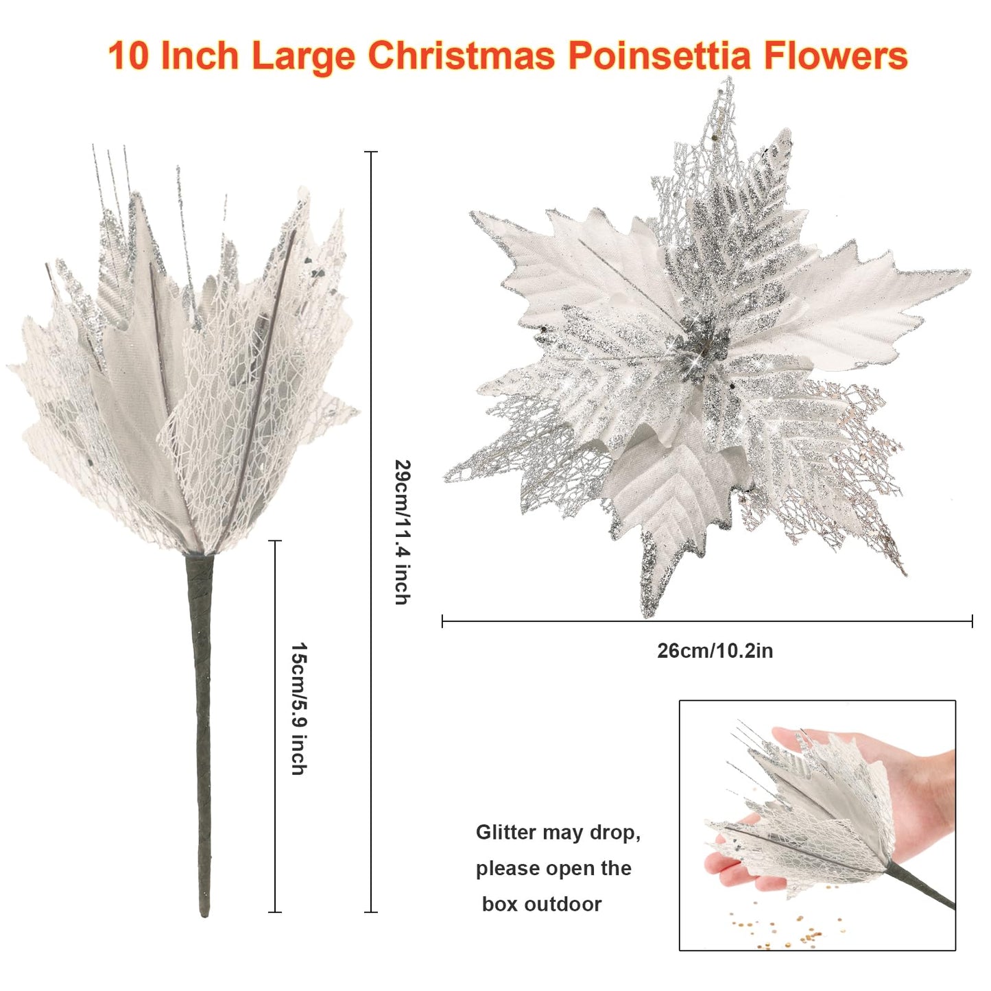 10'' Large Christmas Glitter Poinsettia Flowers Decorations, stadeco 10 Pcs Christmas Tree Picks Ornaments Artificial Flowers with Long Stems for Xmas Tree Wreath Garland Wedding Party DIY Decor