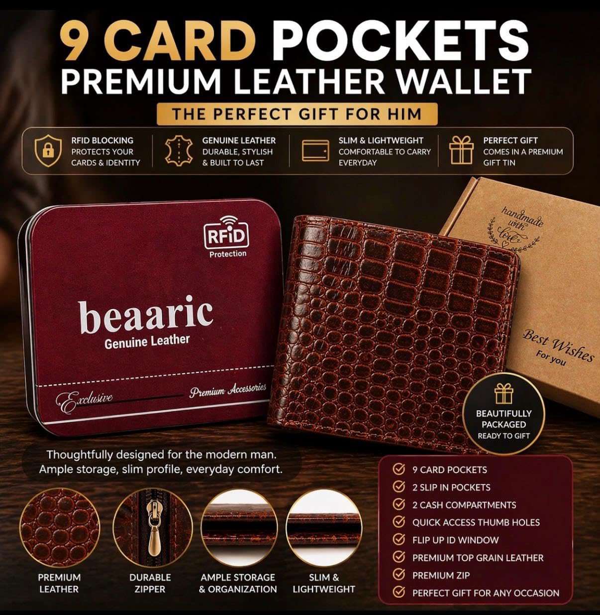 Beaaric Men’s Leather Wallet RFID Blocking Slim Bifold Wallet for Men with 9 Card Slots, 1 ID Window, 2 Hidden Pockets, Zip Coin Pocket & 2 Cash Compartments Stylish Brown Crocodile Pattern