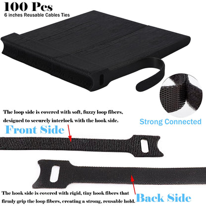 NIOPELO 100PCS Hook and Loop Straps - 6 Inch Reusable Cable Ties for Cable Management, Adjustable Cord Organizer Hook & Loop Straps for Home, Office and Data Centers, Black