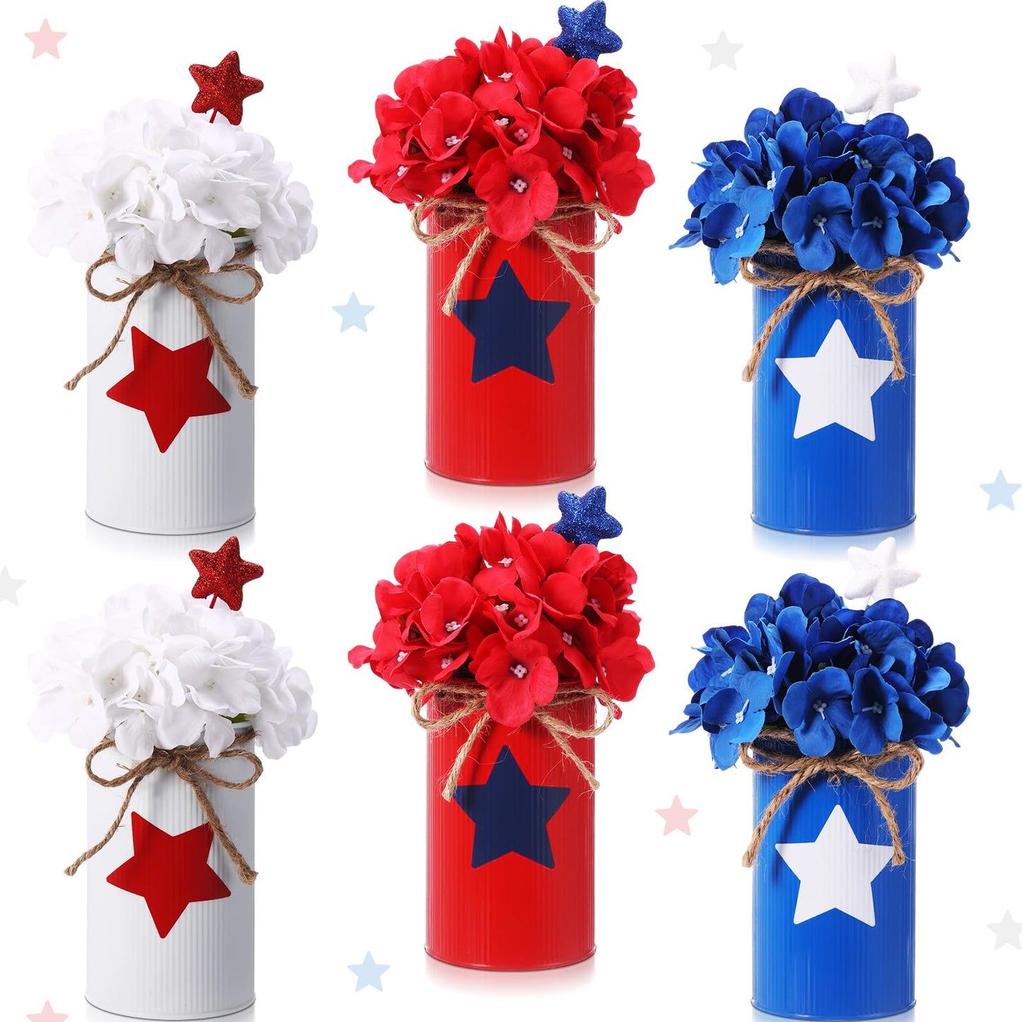 SiliFine 6 Sets 4th of July Decoration Patriotic Centerpiece for Table Include 6 Silk Artificial Hydrangeas Flower 6 Red Blue White Star Glitter Berry Pick 6 Metal Vase for 250th Anniversary Party