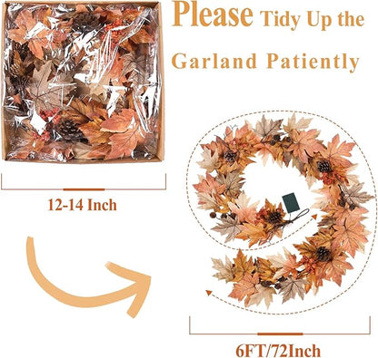 6 FT Fall Garland with Lights Timer Function Fall Leaves Garland with Berries Pine Cones Realistic Autumn Automatic ON/Off Timer Fall Decorations for Home Mantle Fireplace Porch Table