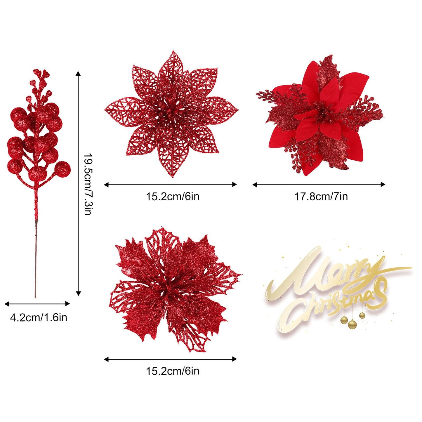RECUTMS 66 Pcs 3 Styles Red Christmas Ornaments Christmas Glitter Poinsettia Flowers Artificial Christmas Tree Flower Decorations Wedding Wreath Floral Decorations (Red)