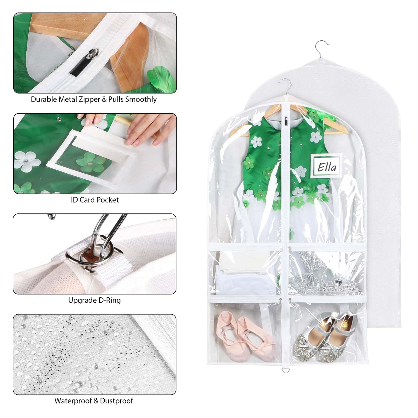 Syeeiex 3" Gusseted Dance Costume Garment Bag(5 Pack), 40'' Dance Garment Bags for Dancers with 4 Zipper Pockets & Can Hold 1-3 Dance Costumes - Suitable for Dance Competitions, Ballet(White)