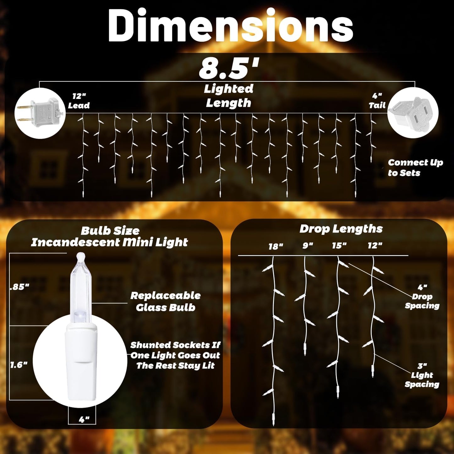8.5 ft 150 Icicle Lights Christmas String Lights Warmwhite Christmas Decorations Plug in Waterproof Outdoor Indoor Decor for Xmas, Thanksgiving Day, Party, Patio, Courtyard, Window, Fence Decor