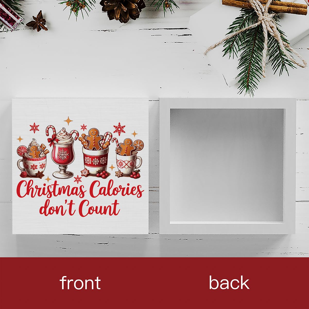 Christmas Kitchen Decorations, Hot Cocoa Sign Gingerbread Home Decor for Table Shelf, Christmas Calories Don't Count Sign 5 x 5 inch
