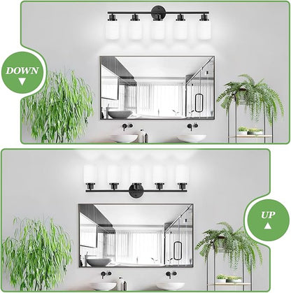 5-Light Bathroom Light Fixtures, E26 Base Vanity Lights for Mirror with Textured Milky White Glass Shade, Modern Kitchen Light Fixtures Wall Sconce Light - Black
