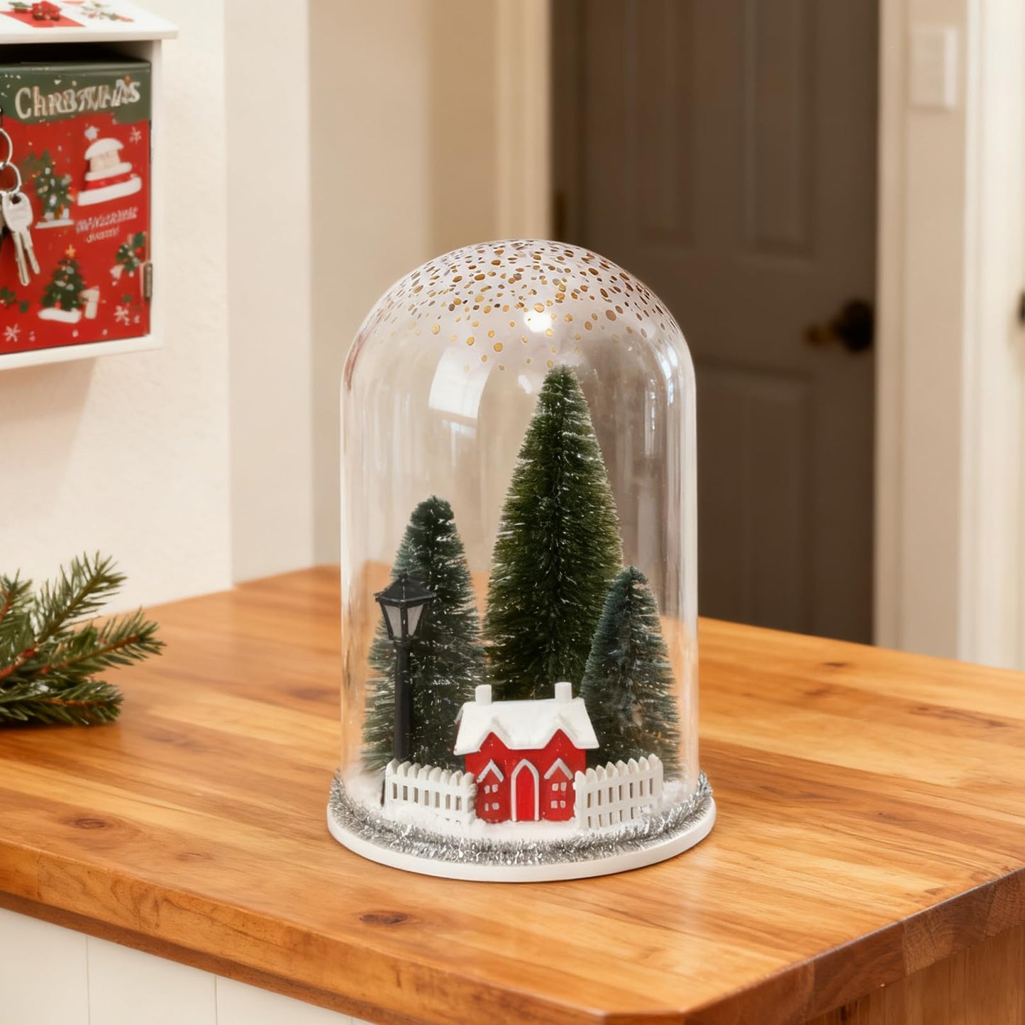 Christmas Decorations Table Centerpieces, Christmas Trees and Red House in Dome Cloche, Xmas Winter Tabletop Decor for Tiered Tray Shelf Mantel Fireplace Coffee Bar Office Desk Holiday Decoration