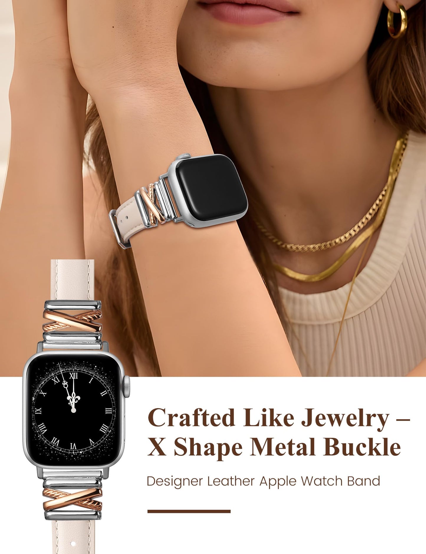 Minyee Leather Band Compatible with Apple Watch 38/40/41/42mm Women, Dressy Slim Premium Leather Strap with X-Shape Metal Buckle for iWatch Series 11 10 9 8 7 6 5 4 SE/Ultra 3 2 1, Rose Gold/Sliver