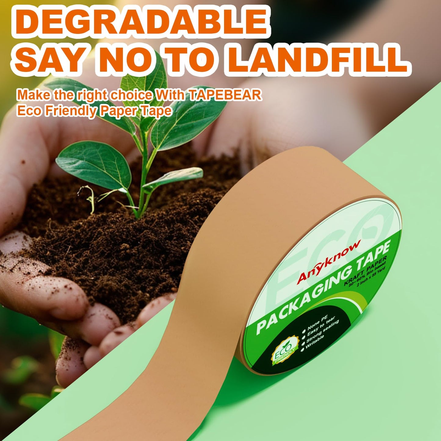Anyknow Eco Friendly Moving Tape (3 Pack), 2 Inch x 55 Yards, Strong Self-Adhesive Kraft Paper Tape for Boxes, Writable & Hand Tearable, Natural Rubber Brown Shipping Tape, Plastic-Free