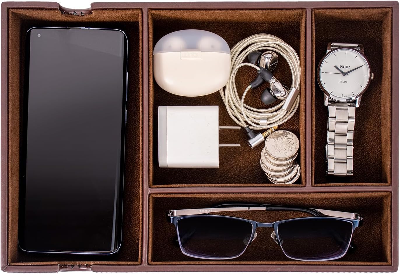 Mens Valet Tray for Nightstand Bedside and Entry Table Faux Leather Catchall Tray for Phone,Watch,Glasses,Wallet,Jewelry and Keys Dresser Organizer Valet Charging Station Gifts for Dad (All Brown)