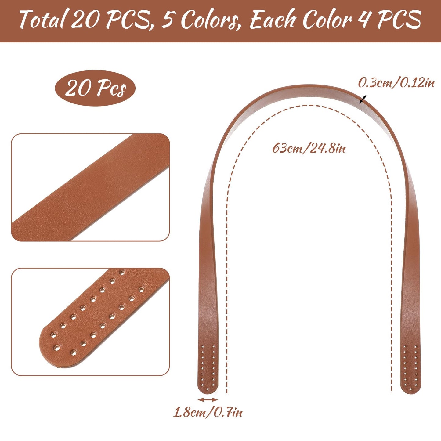 20 Pcs 24.8"L Leather Purse Handles, Premium Leather Purse Straps for Handbags Replacement, Multi-Color Bag Handles for Bag Making DIY Craft Supplies (5 Classic Colors)