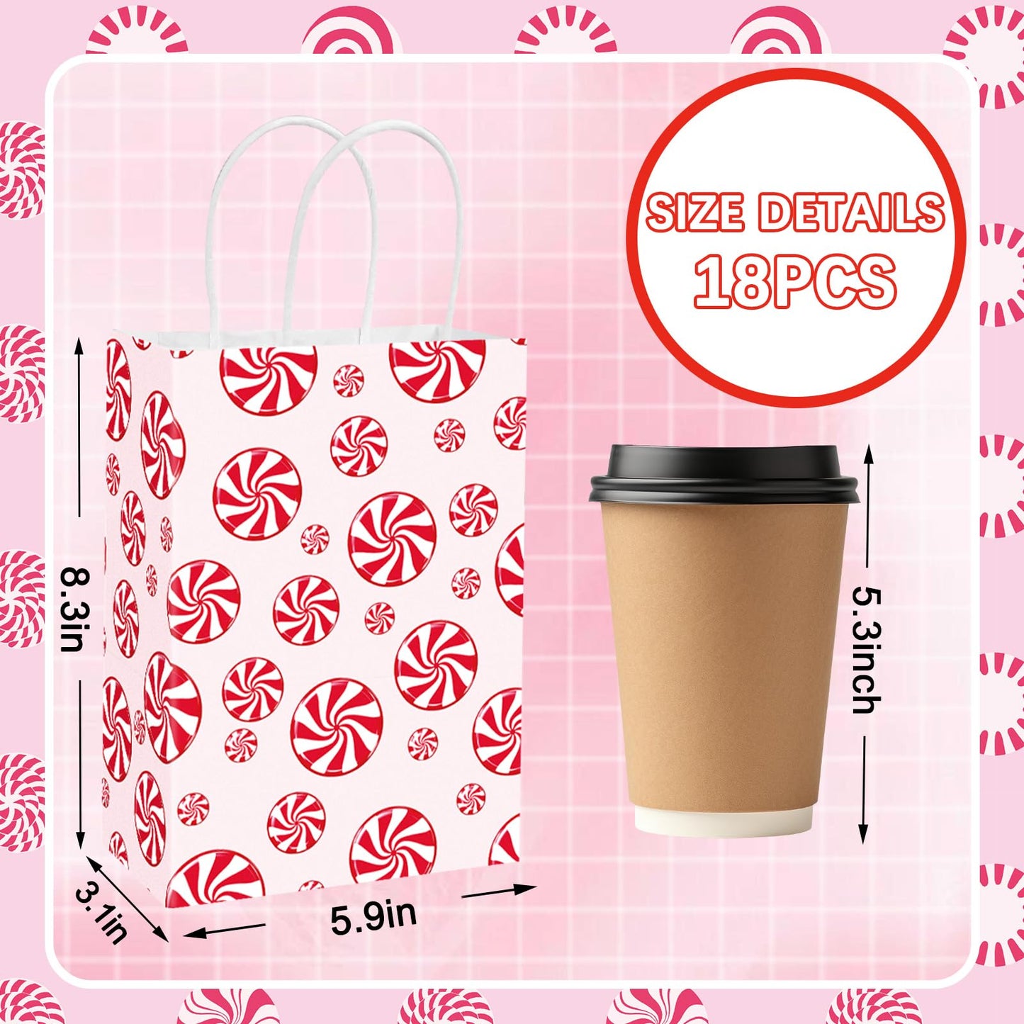 JarThenaAMCS 18Pcs Christmas Paper Gift Bags with Handles Red Xmas Candy Cane Stripe Goodie Treat Bag Snack Favor Bags for Winter Xmas Party Supplies