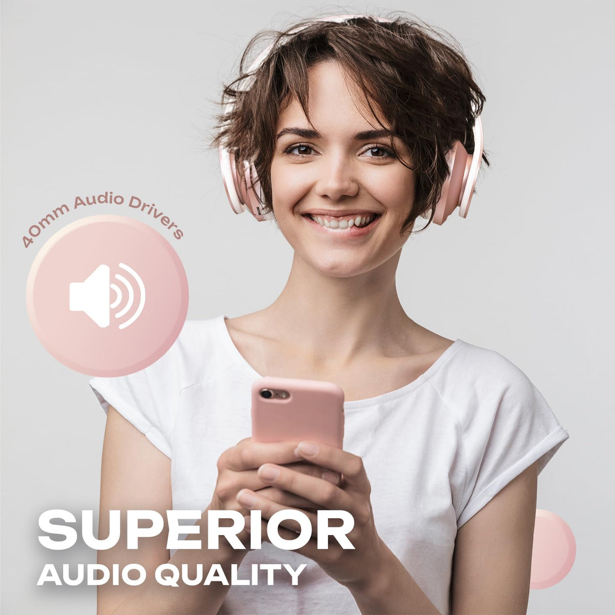 PowerLocus Wireless Bluetooth Over-Ear Stereo Foldable Headphones, Wired Headsets with Built-in Microphone for iPhone, Samsung, LG, iPad (Rose Gold)