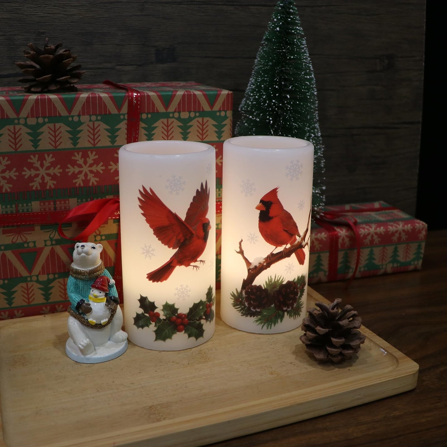 Lasumora Christmas Cardinal Flameless Pillar Candles with Remote Timer, LED Candles in Real Wax Holder, Battery Operated Candle for Christmas Décor Indoor Xmas Gifts(2 Pack, 3” x 6”)