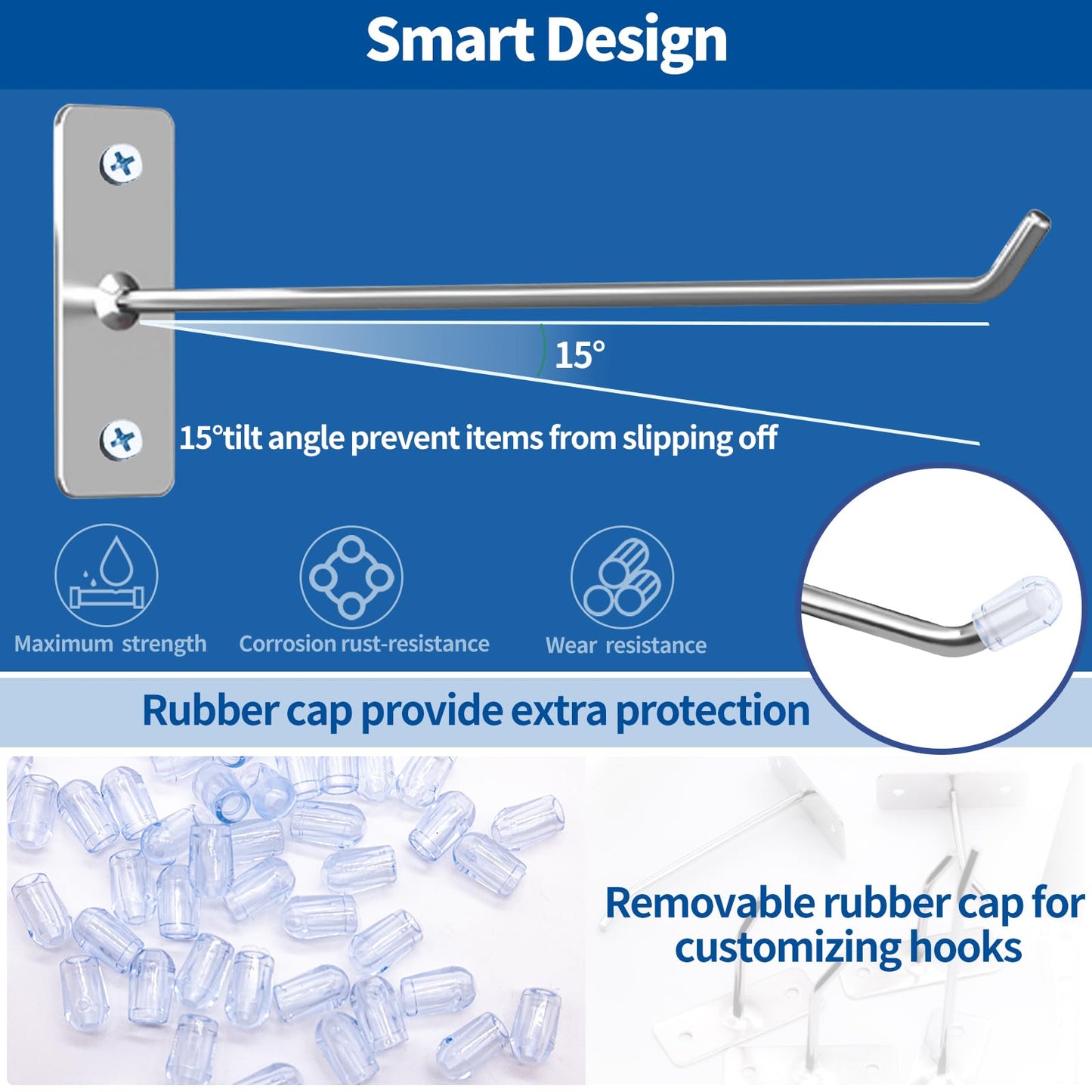 Waltool 60 Pcs 8"/20CM Stainless Steel Wall Mounted Hook with Rubber Protective Caps and Screws, Home Storage Organizer Hangers for Garage Shop Retail Office Kitchen Store Display