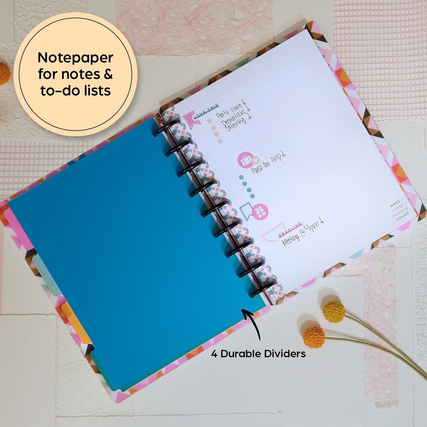 Happy Planner Undated Plans + Notes Monthly Planner Notebook Journal, 4-Month Planner, Homespun Theme, Classic Size, 95 Pages, 4 Dividers, 12 Planner Sticker Sheets, 7" x 9 3/4"