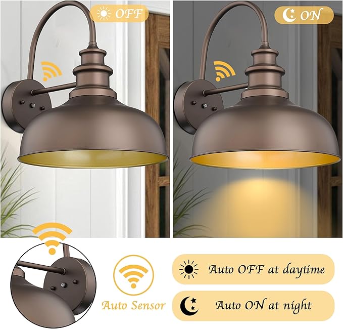 Bestshared 14 Inch Dusk to Dawn Gooseneck Barn Lights Farmhouse Outdoor Wall Sconce Industrial Exterior Wall Lighting Fixture Vintage Porch Lantern Lamp for Patio,Garage,Front Doo(ORB+Gold, 14"-2Pack)